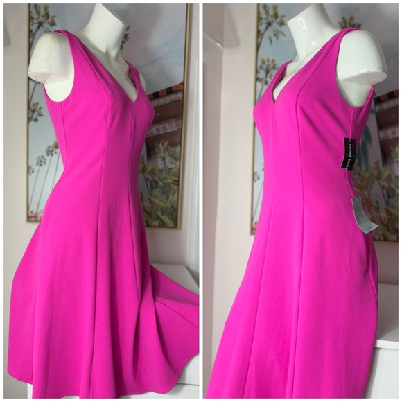 Donna Morgan Hot Pink Crepe Sleeveless V-Neck Fit & Flare Midi Dress Size 6 - Picture 2 of 6